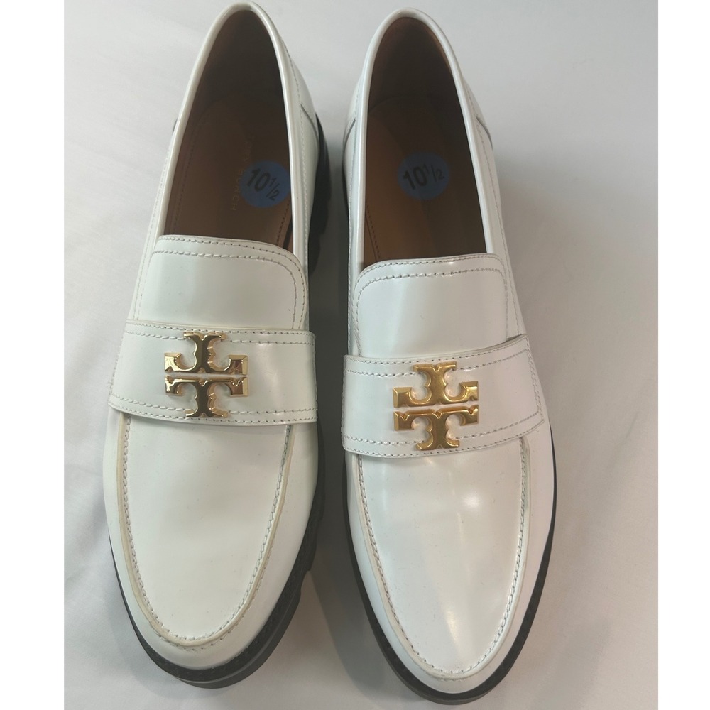 Tory Burch Lug Sole Loafers Women 10.5 White Gold Logo Leather Lug Sole 82845